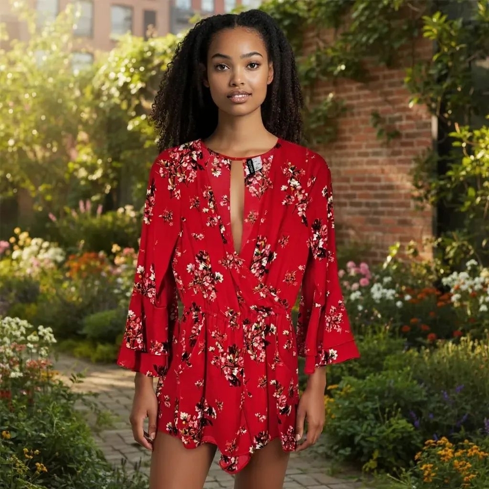 Divided by H&M Women Red Floral Romper Size 6